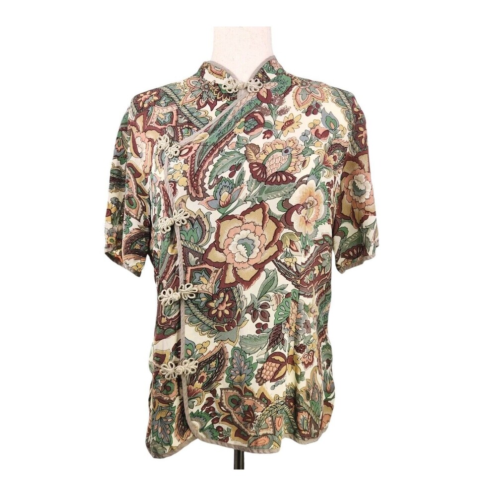 Vintage DELUXE 100% Silk Womens Chinese Style Blouse Brocade Knot Closure Floral
